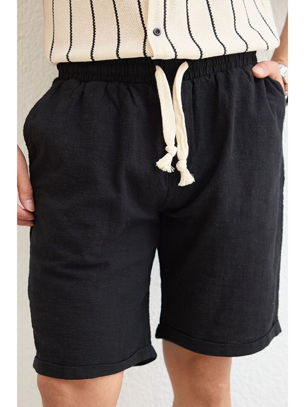 Siyah Sangi Erkek Keten Rahat Kalıp Şort-6