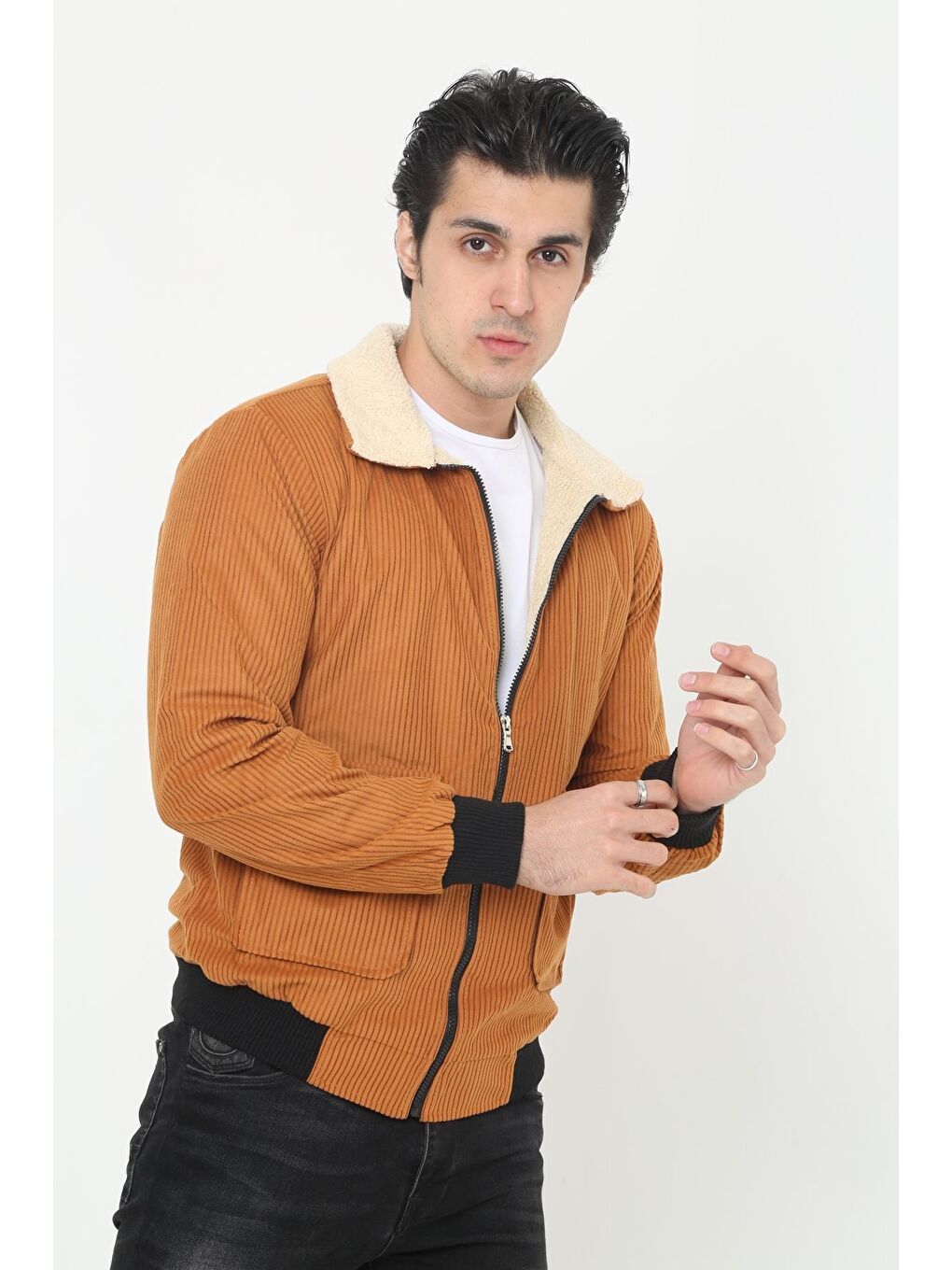 Kahverengi Erkek Trend Kadife Içi Kürklü Ceket Taba