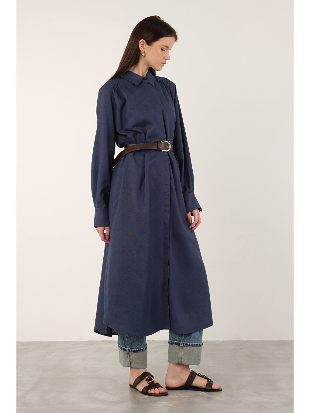 Uzun Keten Gömlek Jean Mavi-2