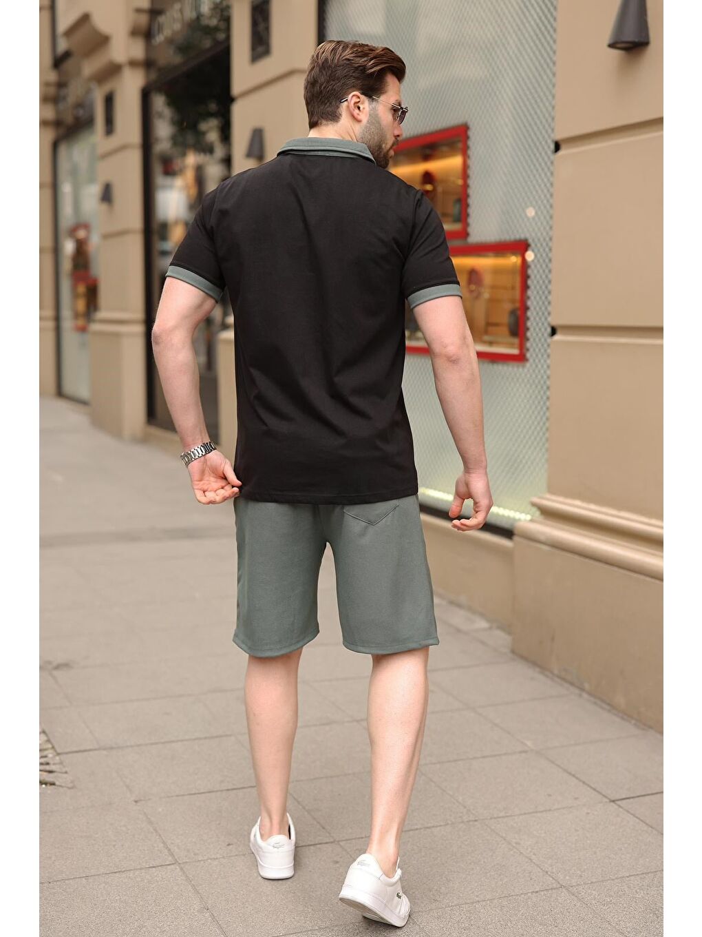Siyah %100 Pamuklu Polo Yaka Şort Tişört Takım E7358-1