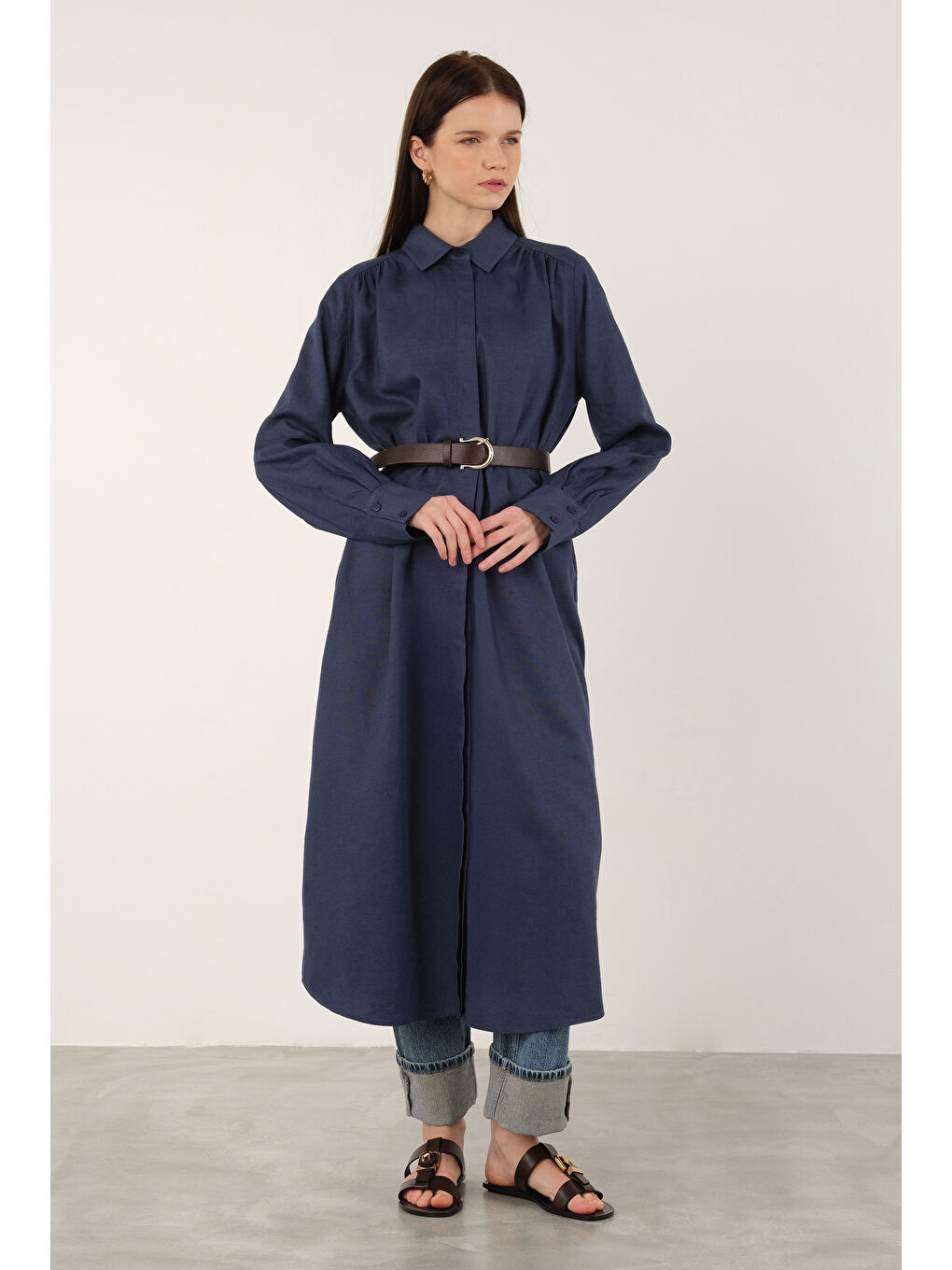 Uzun Keten Gömlek Jean Mavi-3