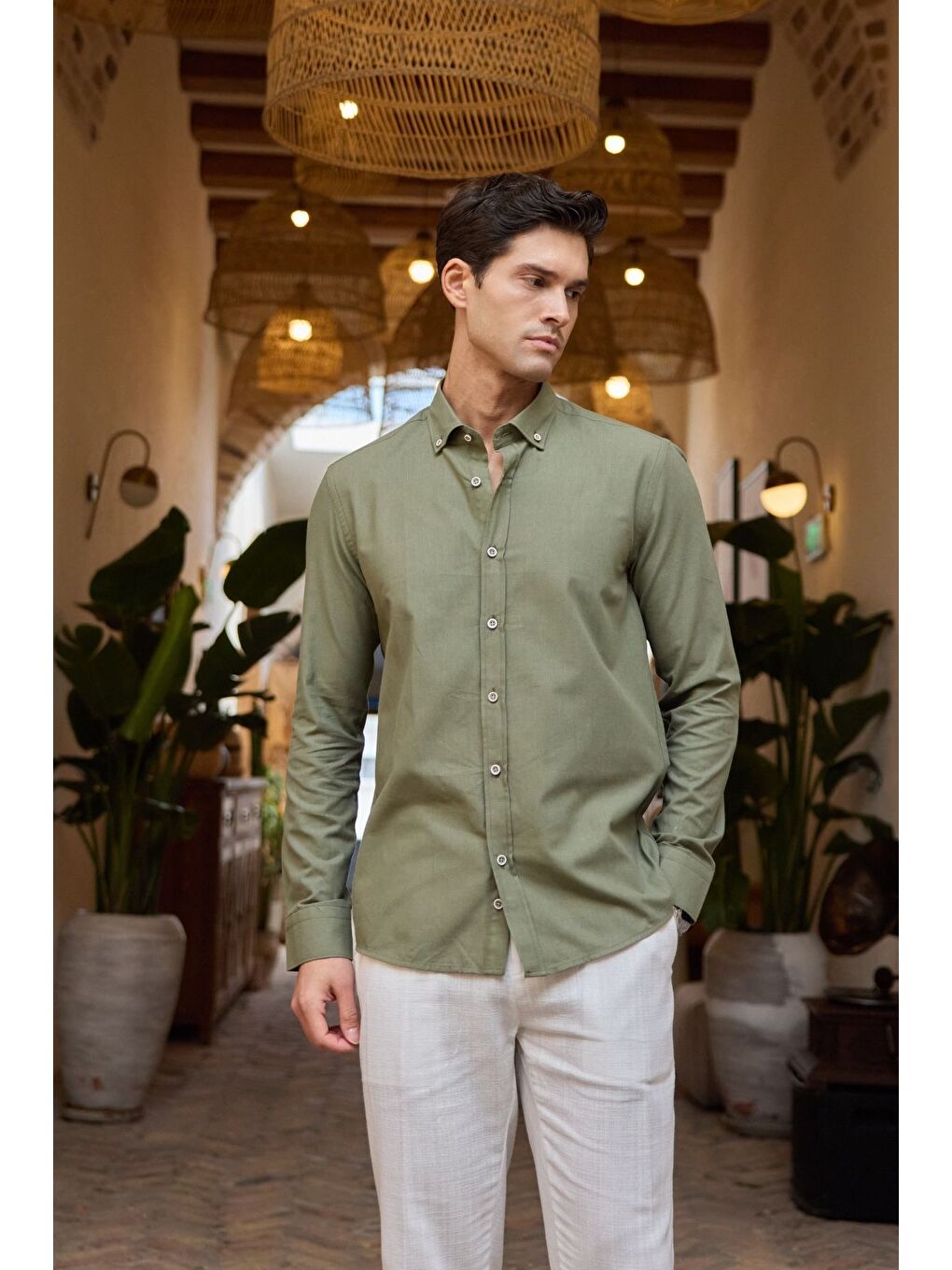 Haki Turi Erkek Pamuk Gömlek Modern Slim Fit Keten Görünümlü Uzun Kol-4
