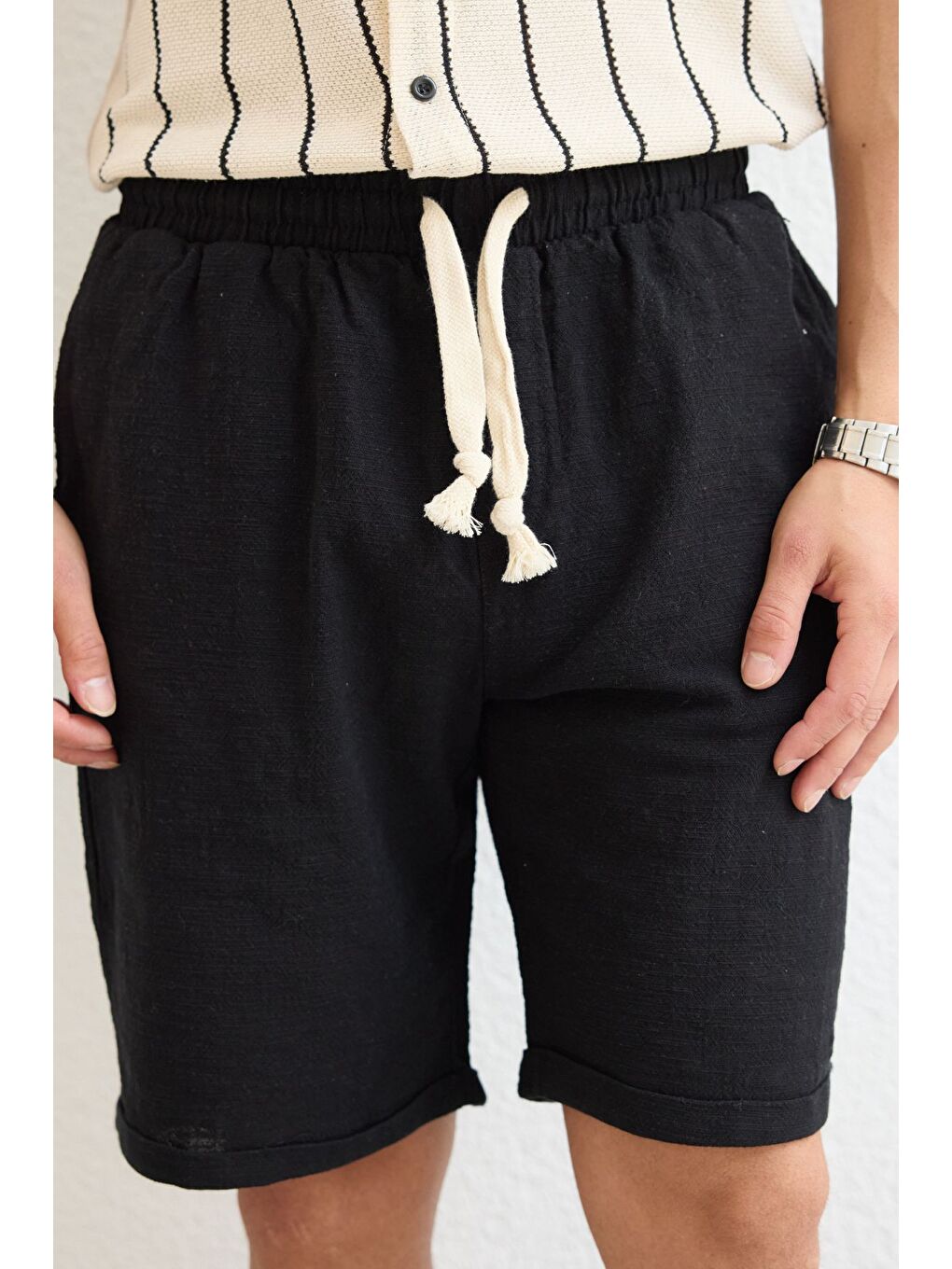 Siyah Sangi Erkek Keten Rahat Kalıp Şort-7