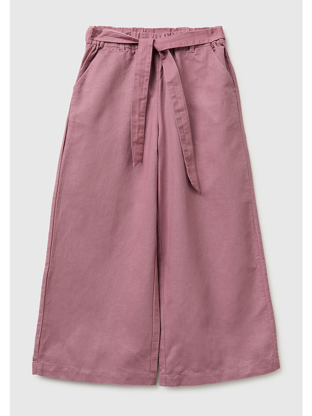 Kız Çocuk Mürdüm Keten Karışımlı Beli Dikişli Kuşaklı Geniş Paça Pantolon