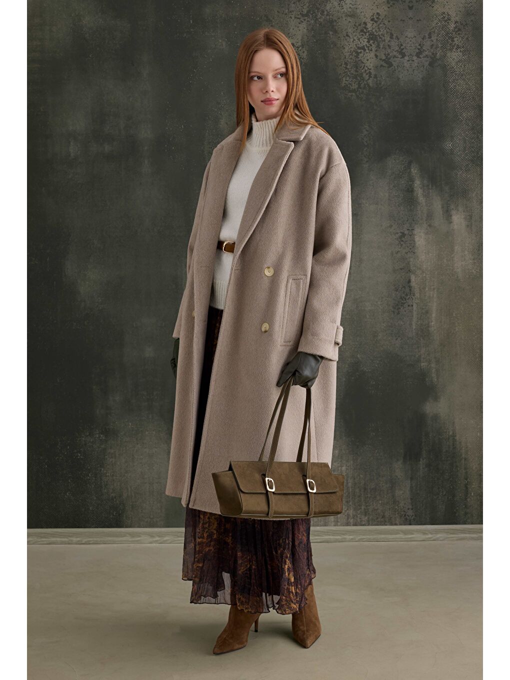 Bej Kruvaze Uzun Kaban Açık Vizon