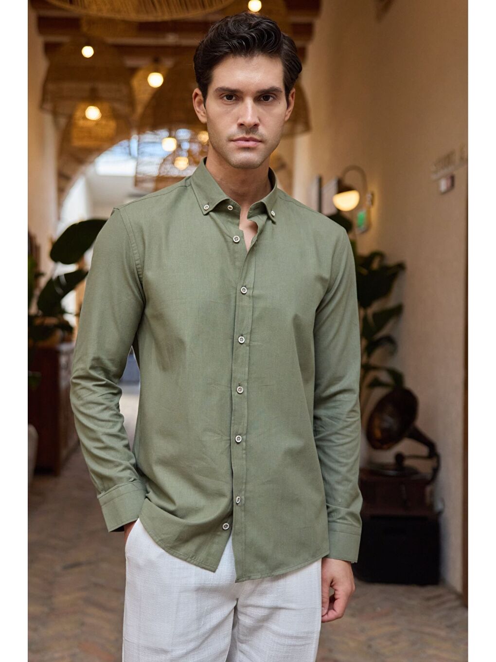 Haki Turi Erkek Pamuk Gömlek Modern Slim Fit Keten Görünümlü Uzun Kol-5