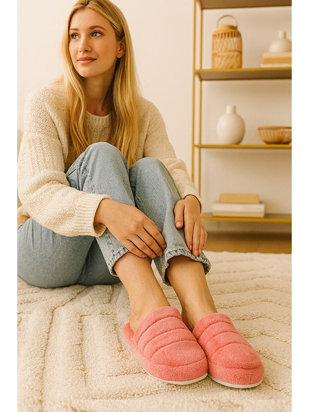 Pembe SMT-03 Kapalı Kadın Ev Terliği Kışlık Terlik Ses Yapmayan Taban-1