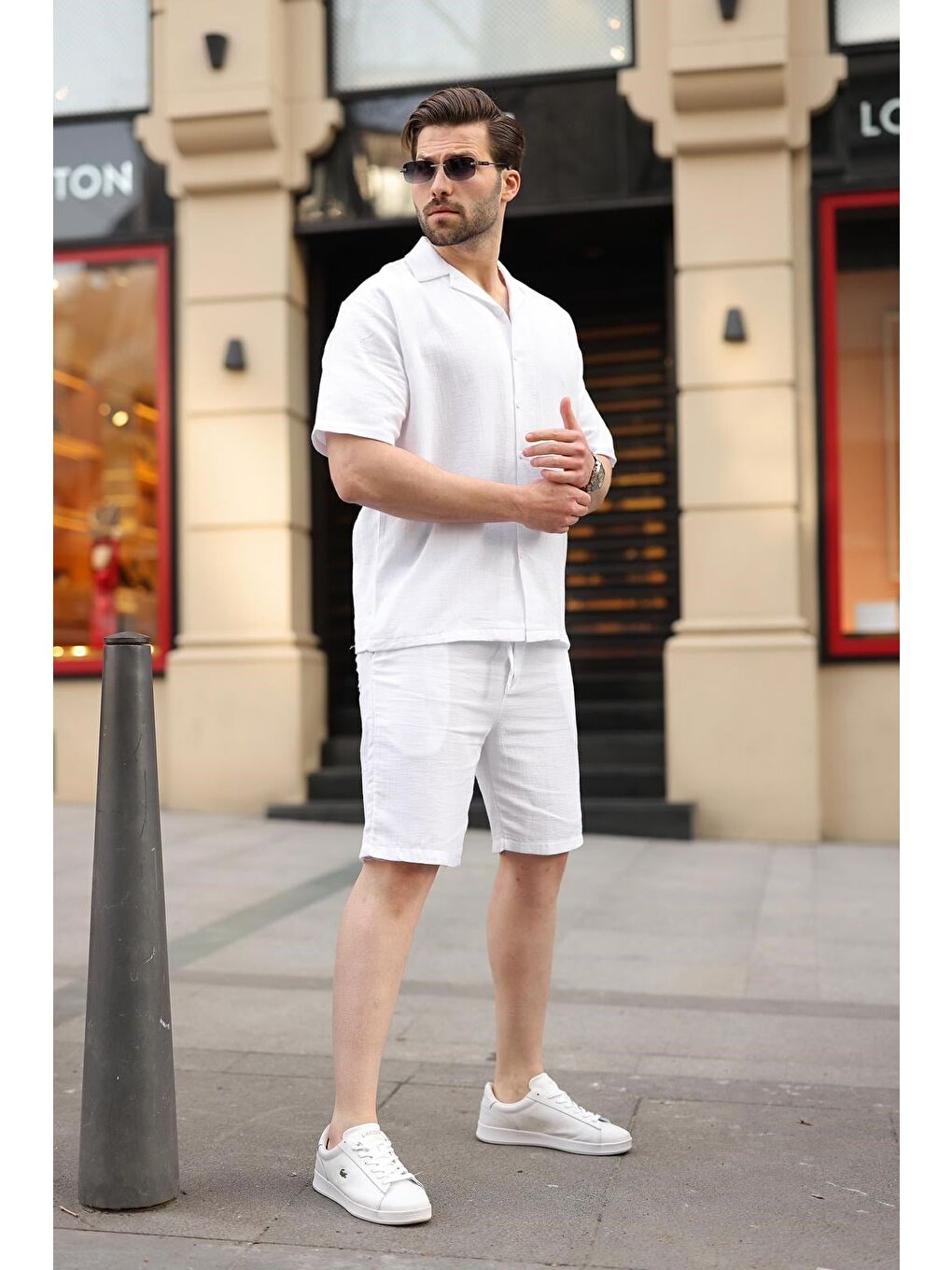 Beyaz %100 Pamuklu Erkek Şort Gömlek Takım E7360-5