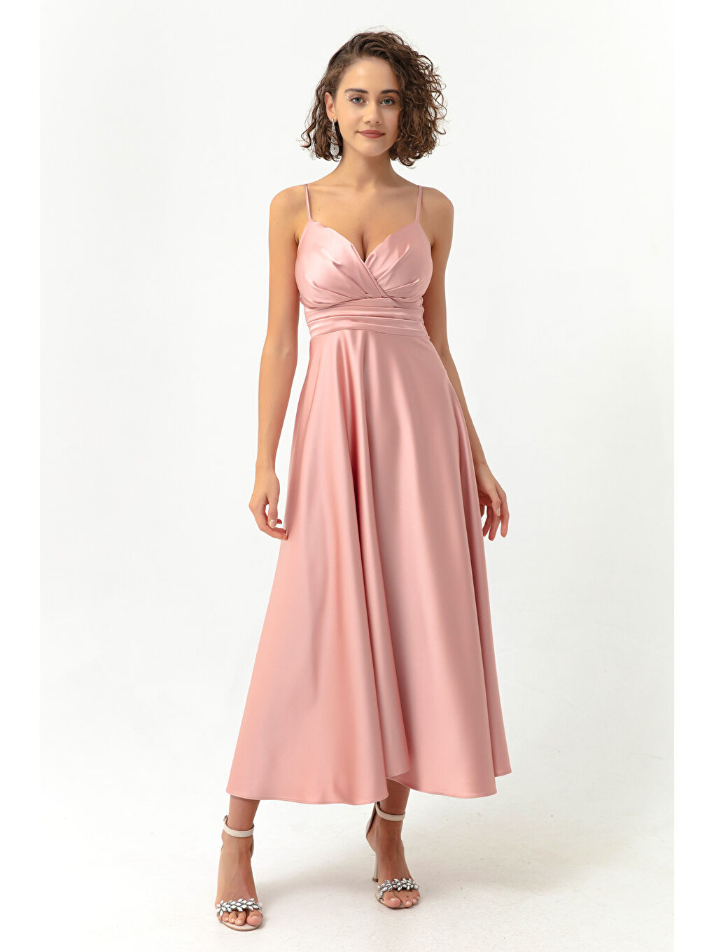 Kadın Pembe İp Askılı Bel Kemerli Saten Midi Abiye & Mezuniyet Elbisesi-1
