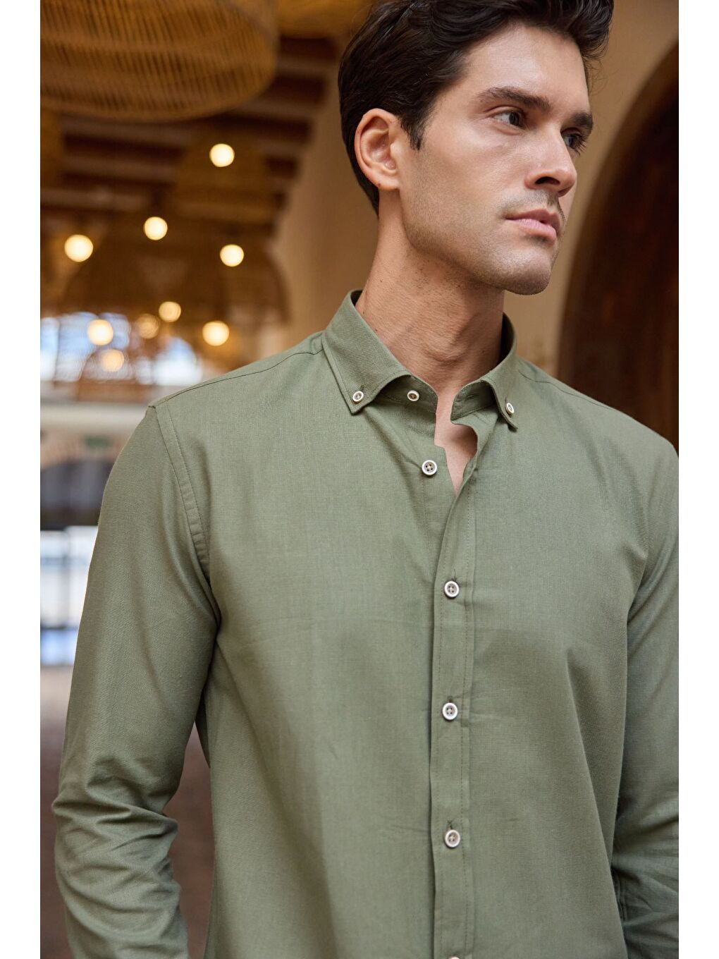 Haki Turi Erkek Pamuk Gömlek Modern Slim Fit Keten Görünümlü Uzun Kol-6