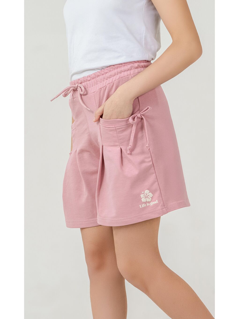Pembe Life İs Good Baskılı Cepler Fiyonklu Kız Çocuk Şort-4