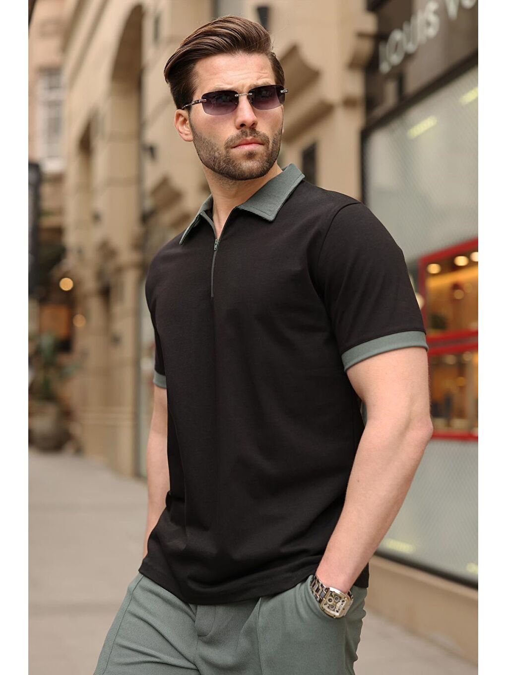 Siyah %100 Pamuklu Polo Yaka Şort Tişört Takım E7358-3