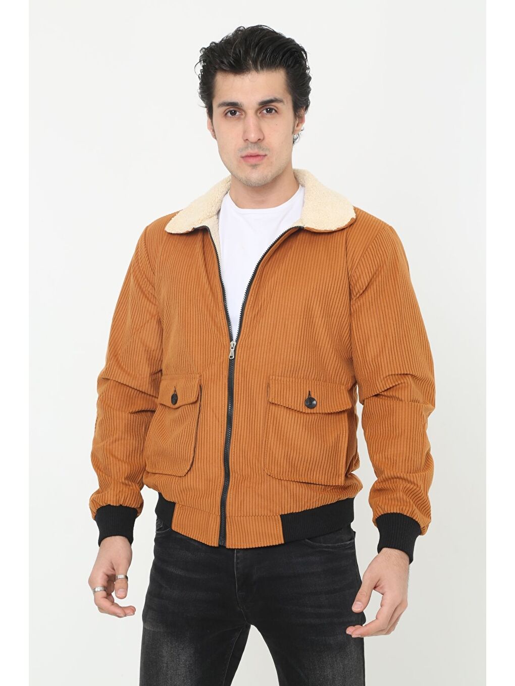Kahverengi Erkek Trend Kadife Içi Kürklü Ceket Taba-1