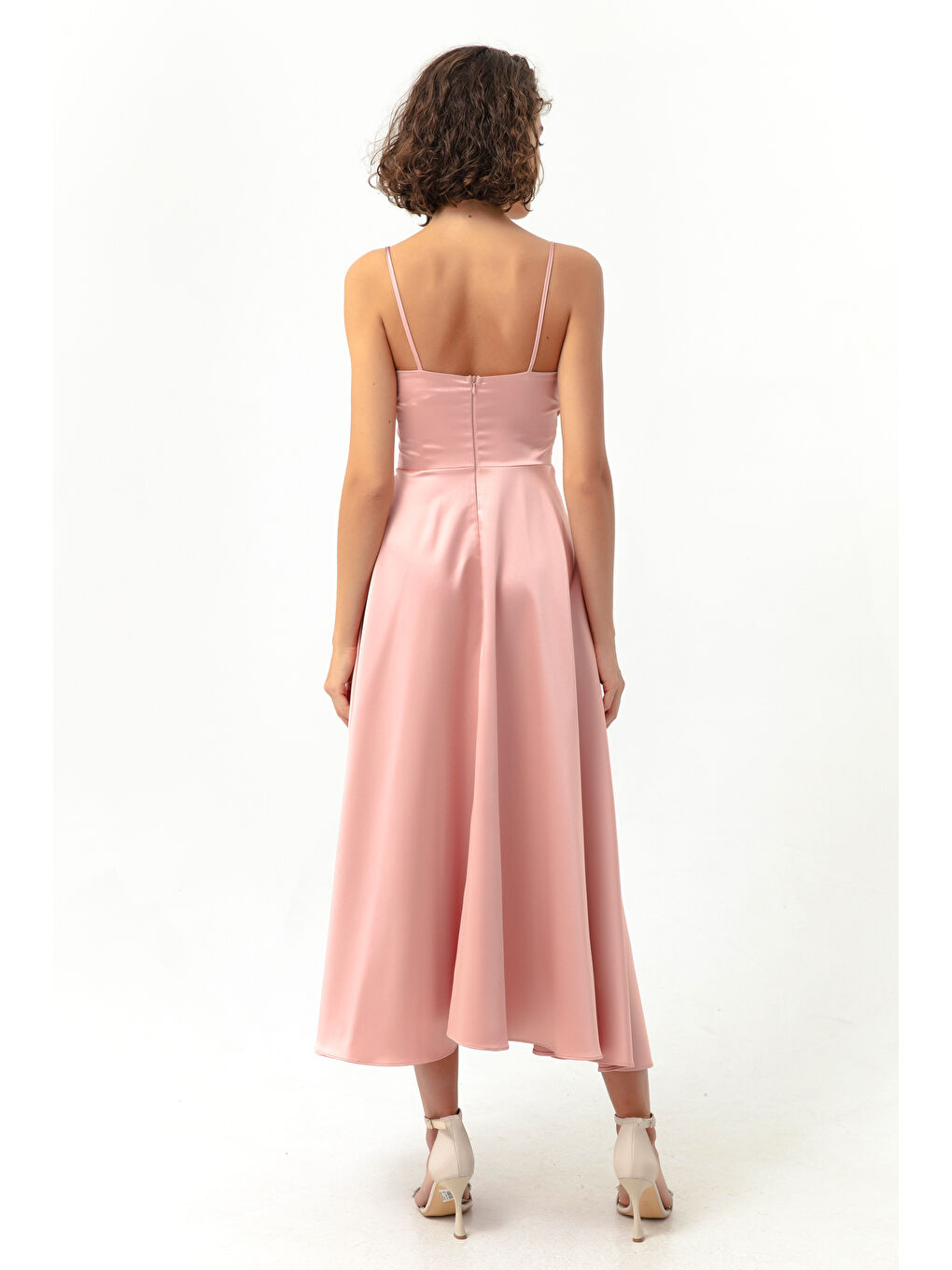 Kadın Pembe İp Askılı Bel Kemerli Saten Midi Abiye & Mezuniyet Elbisesi-3