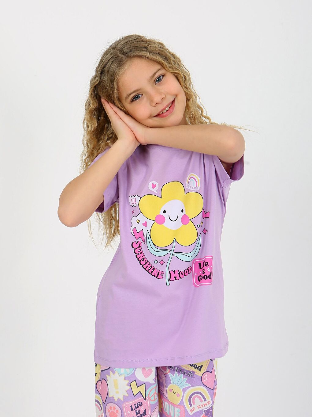 Lila Kız Çocuk Kısa Kollu %100 Pamuklu Pijama Takımı Be Kind-1