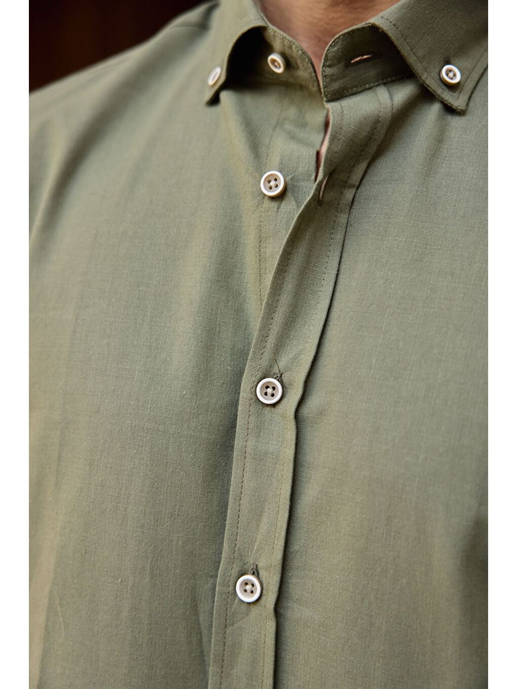 Haki Turi Erkek Pamuk Gömlek Modern Slim Fit Keten Görünümlü Uzun Kol-7