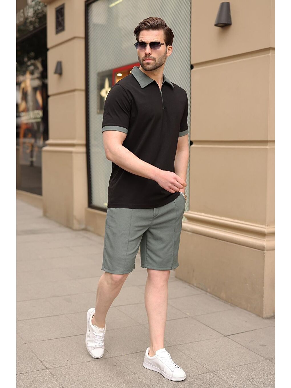 Siyah %100 Pamuklu Polo Yaka Şort Tişört Takım E7358-4