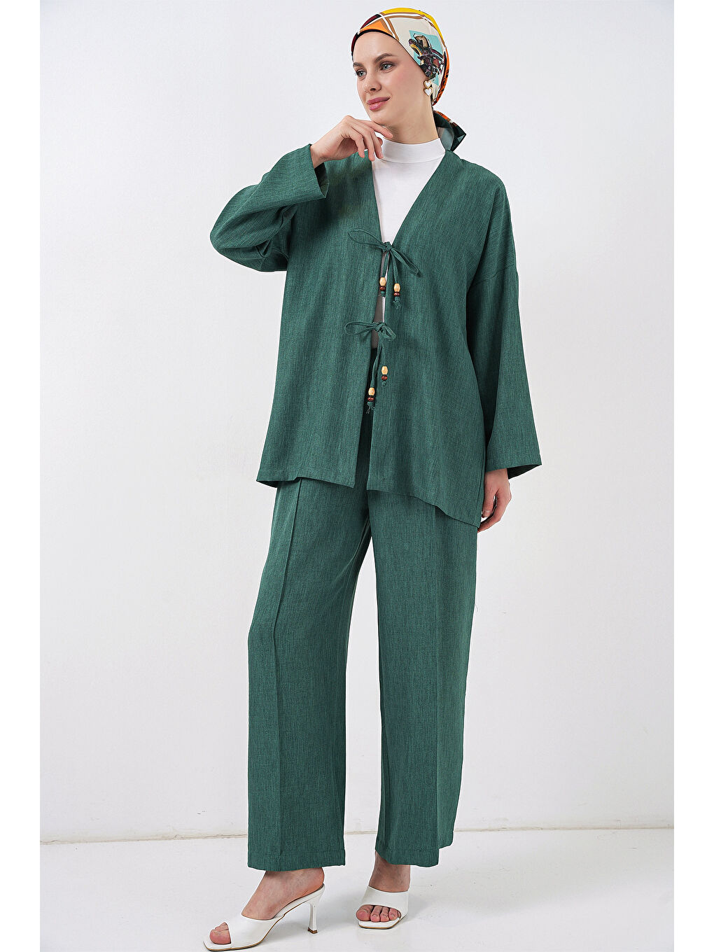 Kadın Keten Kimono İkili Takım 6727 - Zümrüt Yeşili