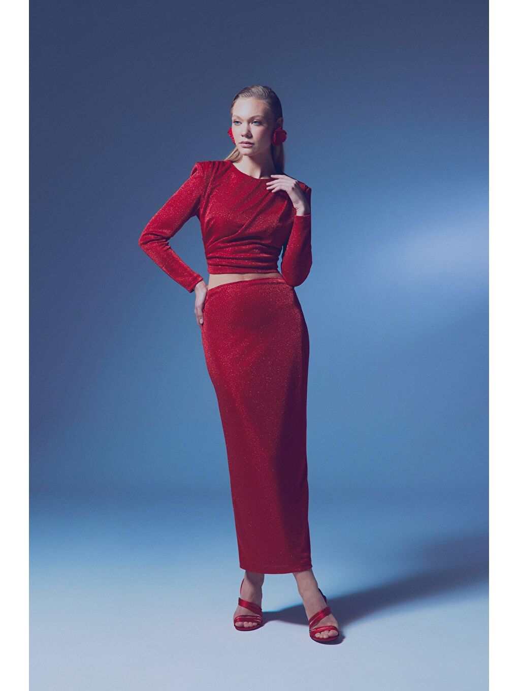 Simli Midi Etek - Kırmızı