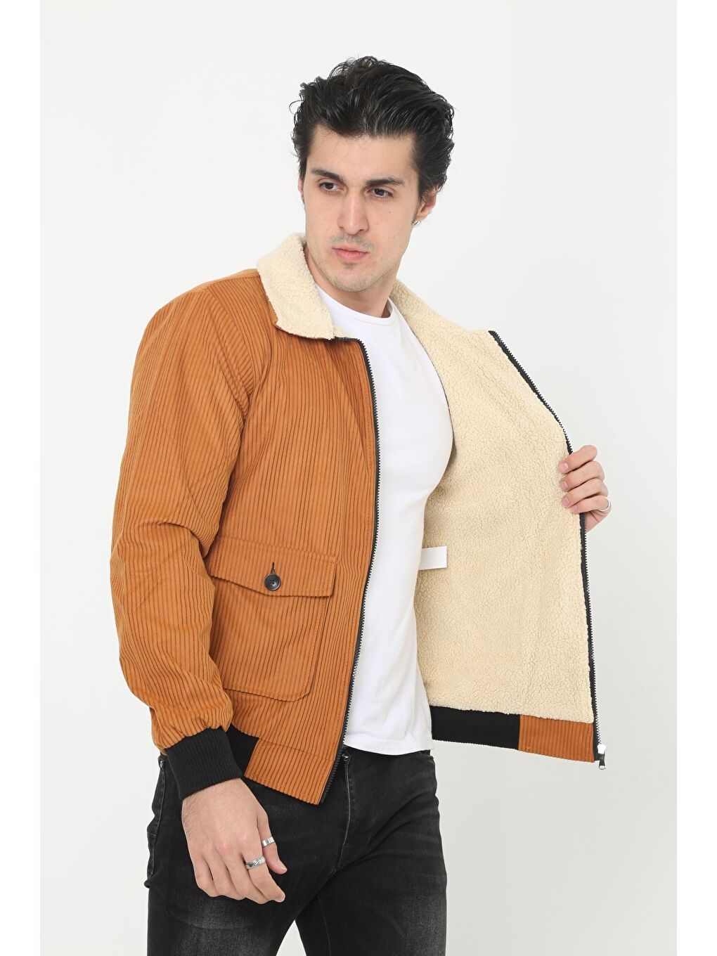 Kahverengi Erkek Trend Kadife Içi Kürklü Ceket Taba-2