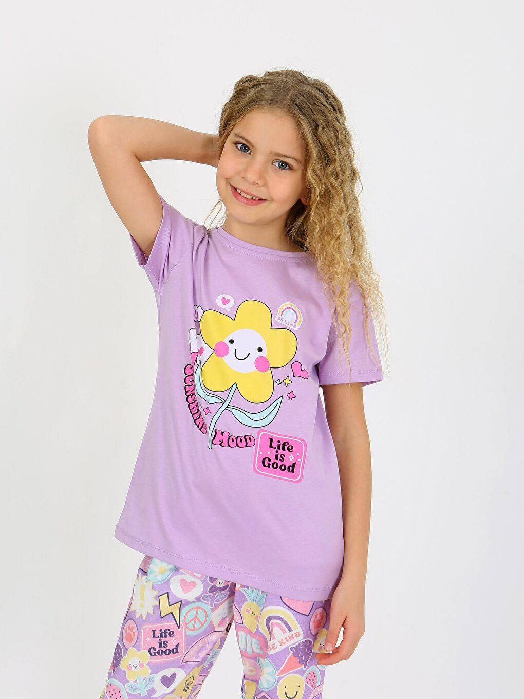 Lila Kız Çocuk Kısa Kollu %100 Pamuklu Pijama Takımı Be Kind-2