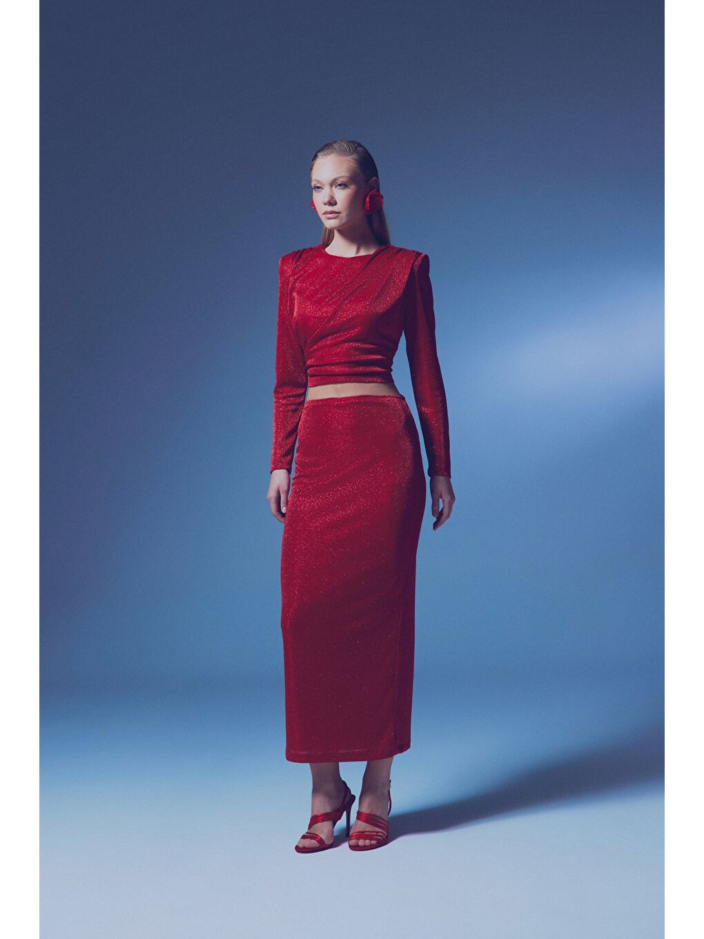 Simli Midi Etek - Kırmızı-1