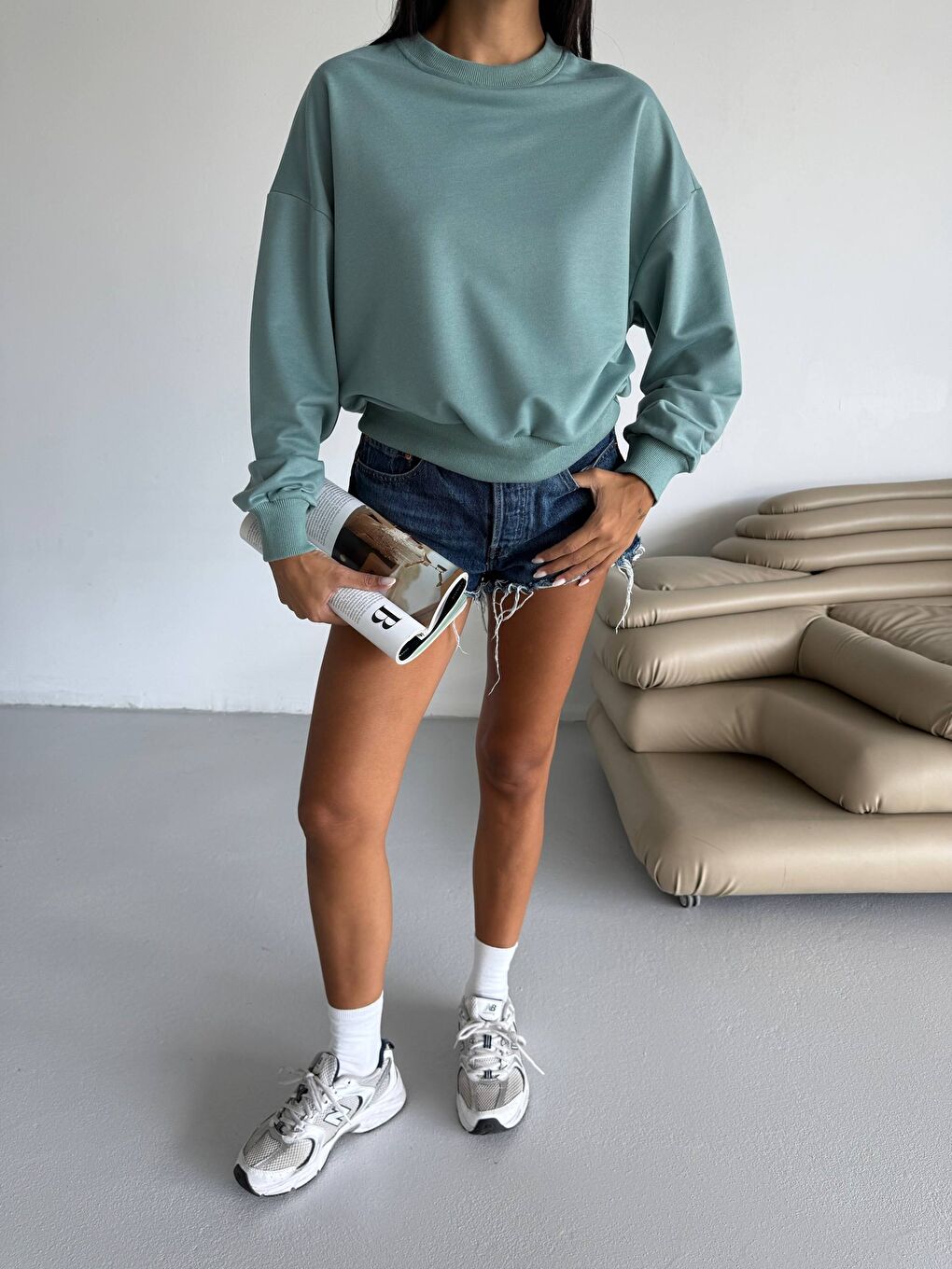 Yeşil İki İplik Bisiklet Yaka Sweatshirt-4