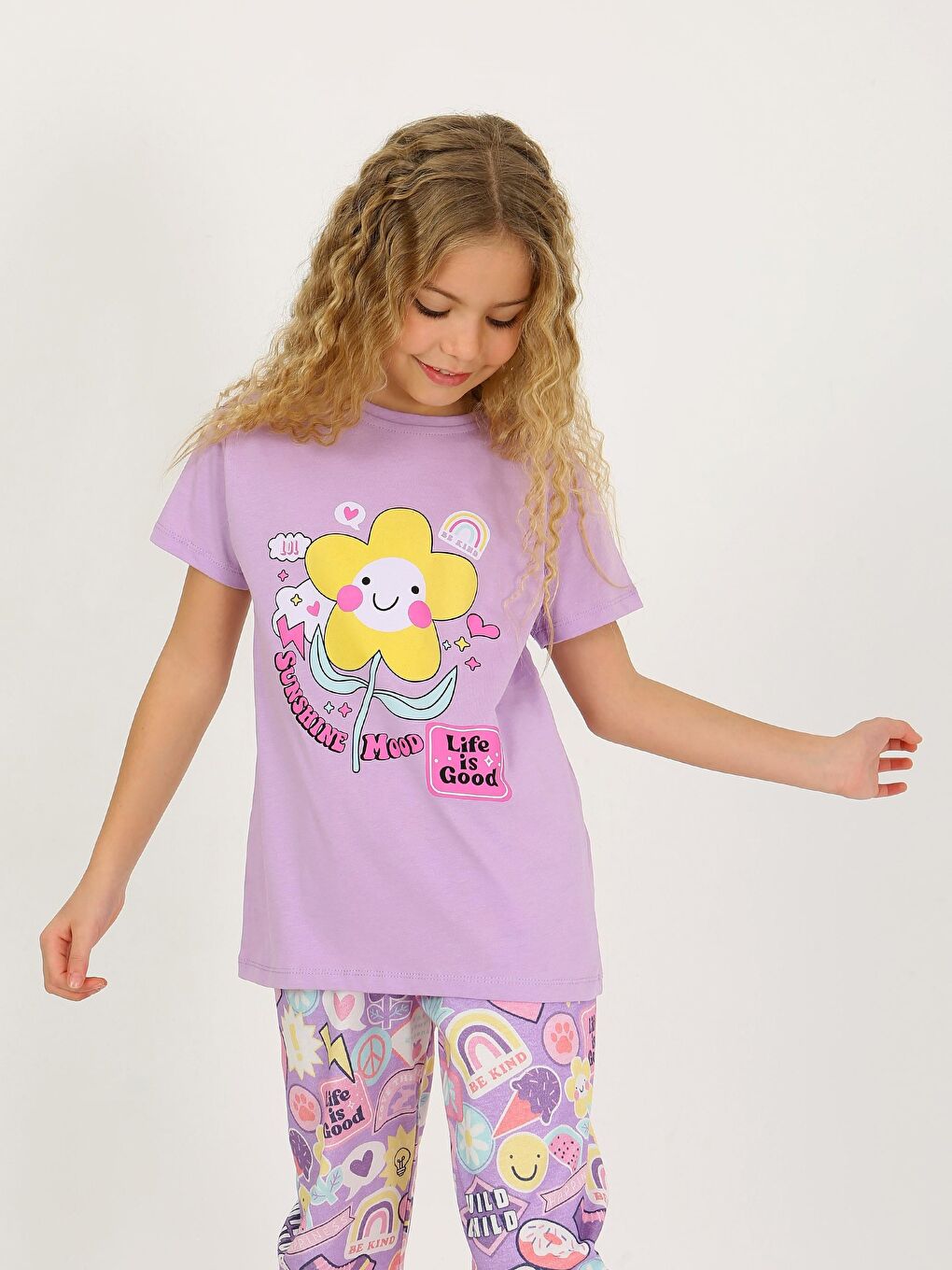 Lila Kız Çocuk Kısa Kollu %100 Pamuklu Pijama Takımı Be Kind-3