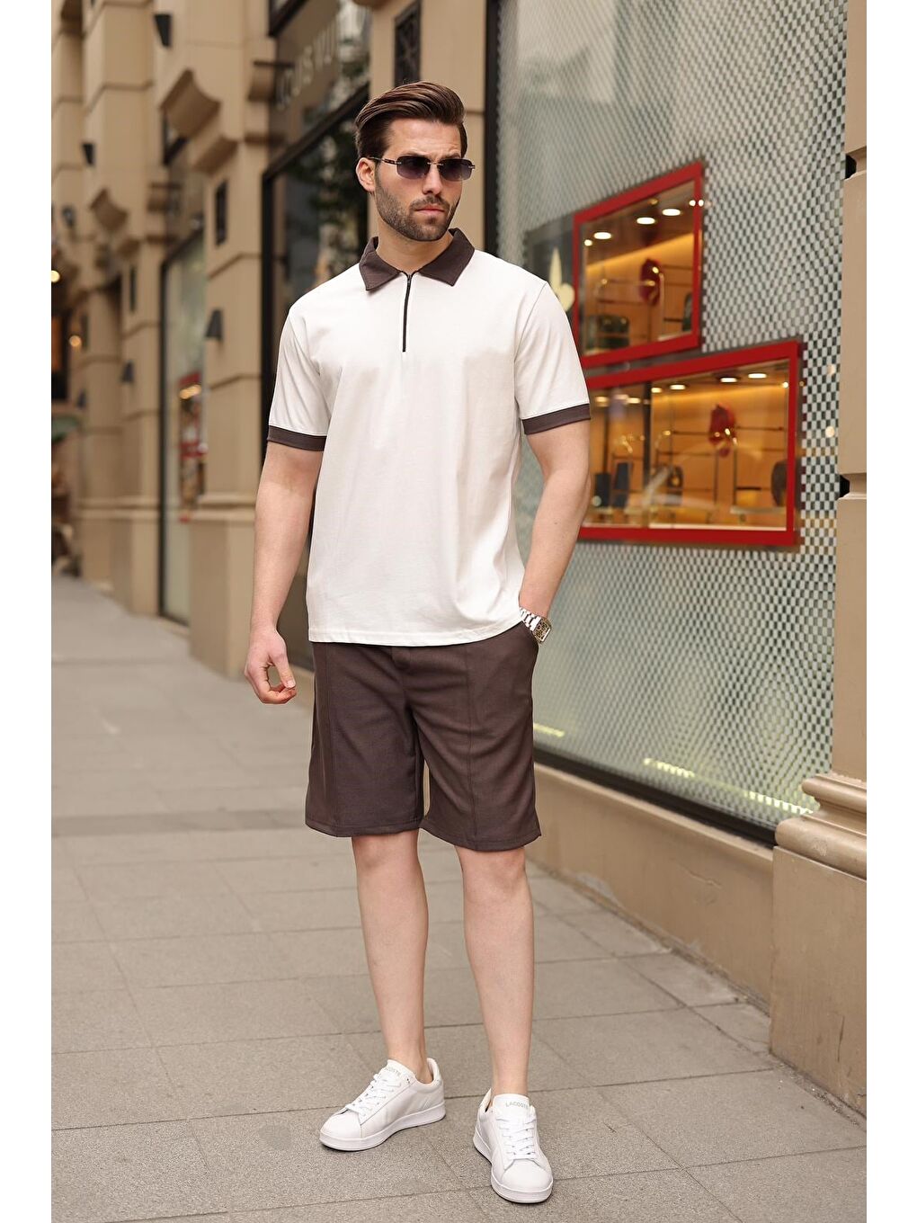 Ekru %100 Pamuklu Polo Yaka Şort Tişört Takım E7358-1