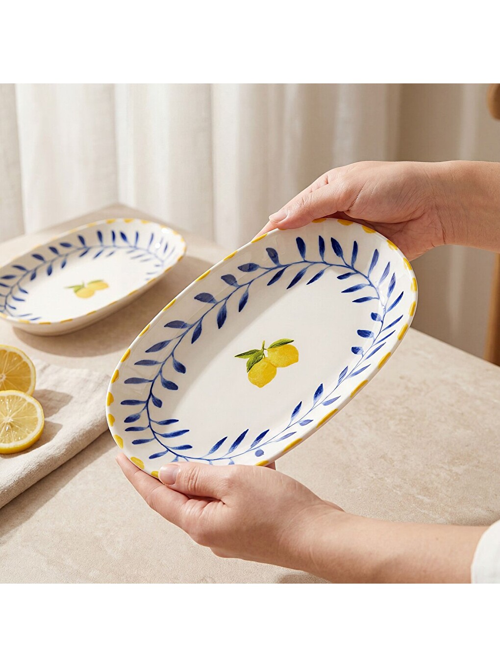 Ekru Limon Desenli 2li 24 Cm Porselen Kayık Tabak Seti-2