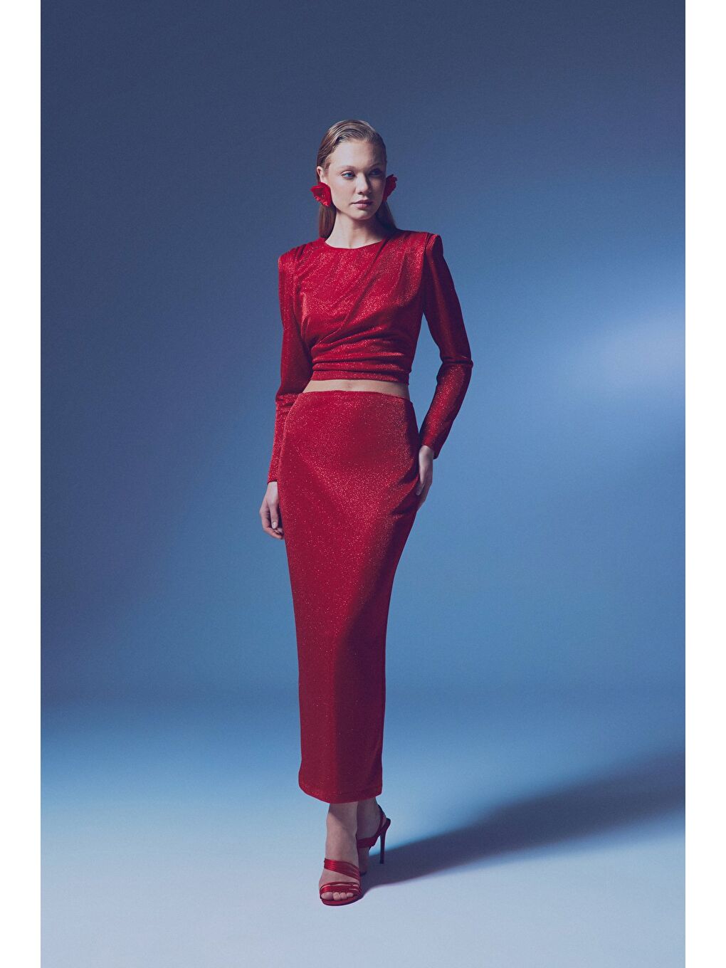 Simli Midi Etek - Kırmızı-2