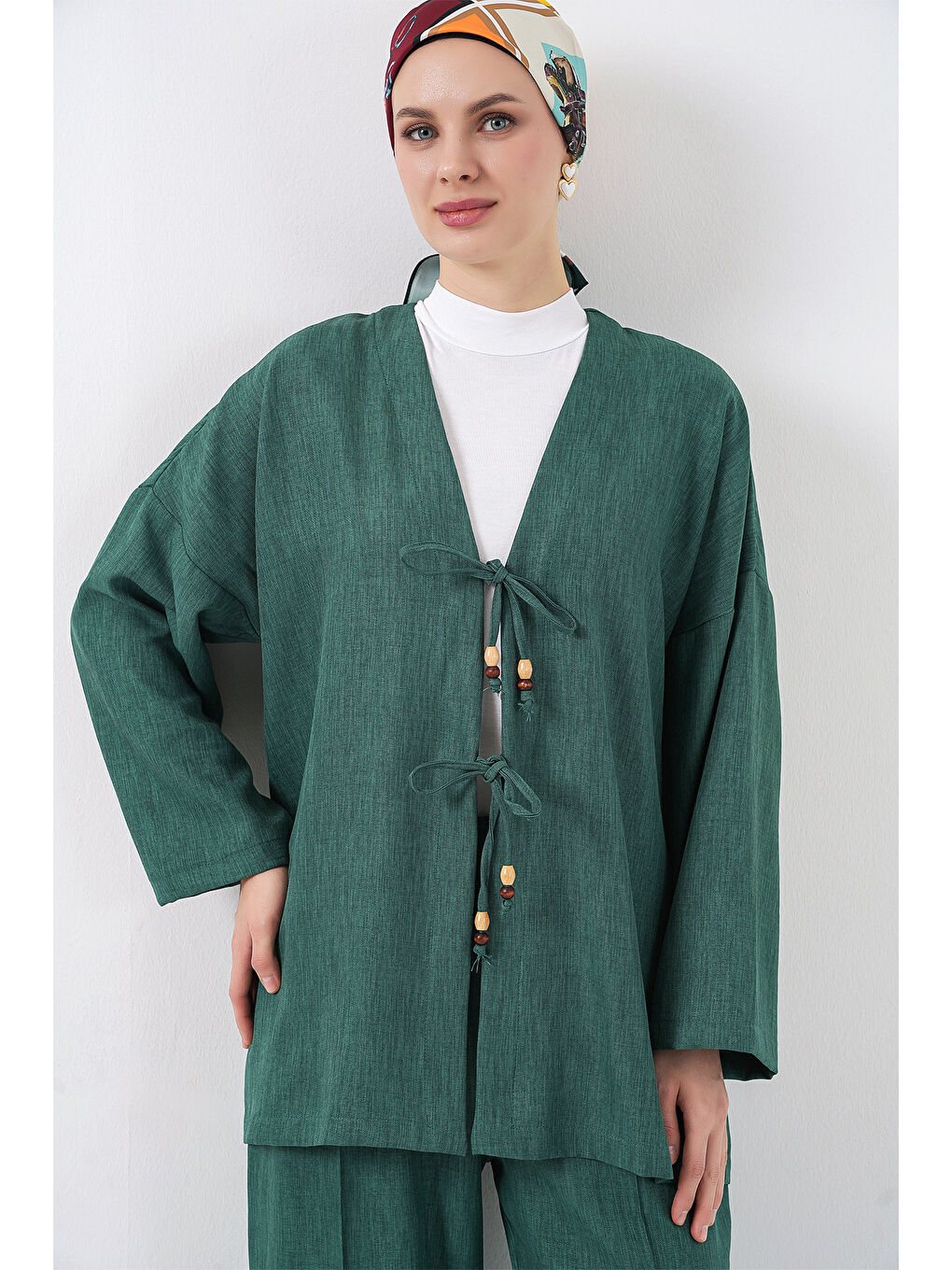 Kadın Keten Kimono İkili Takım 6727 - Zümrüt Yeşili-1