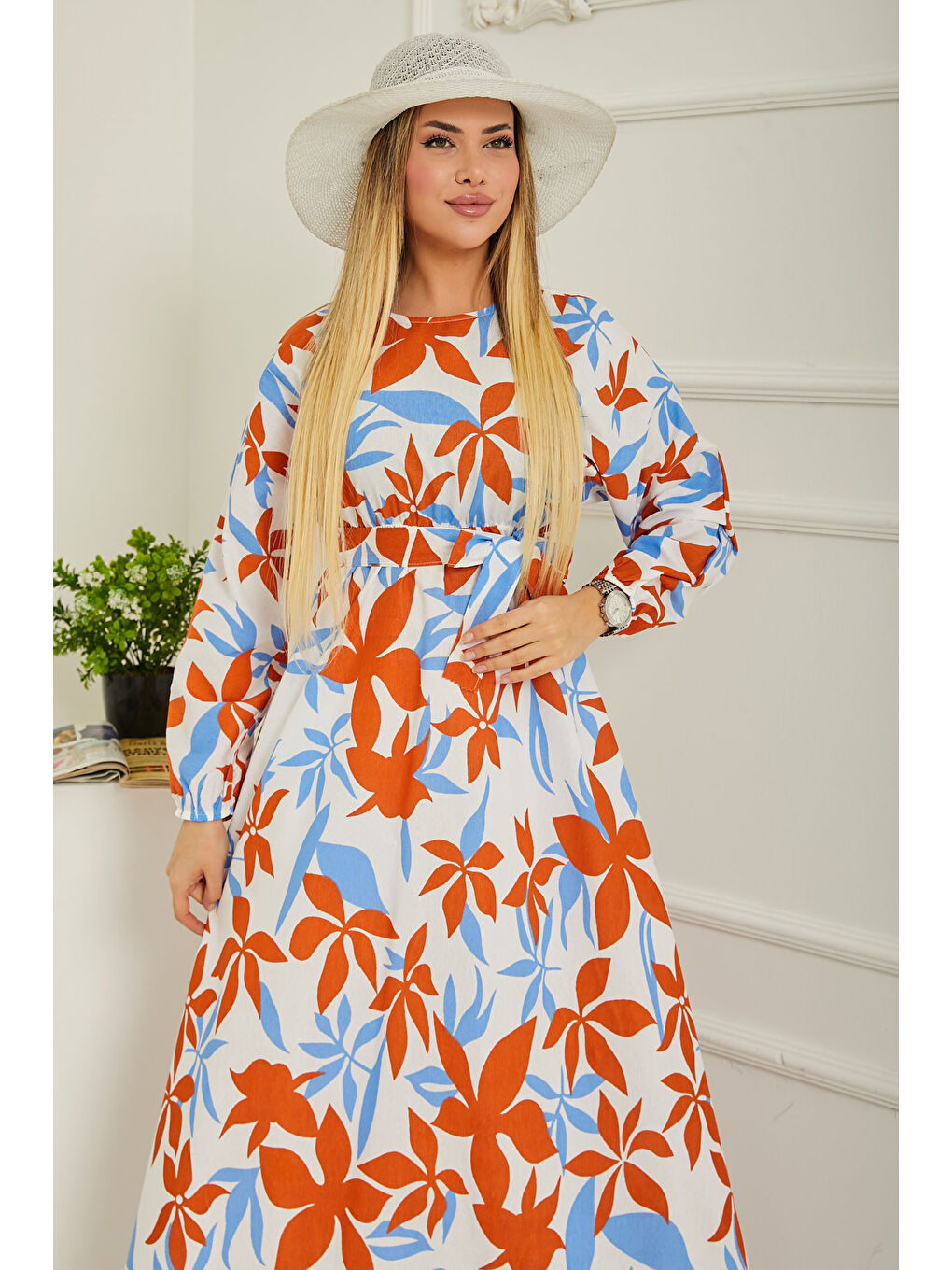 Desenli Kolu Büzgülü Elbise Açik Mavi - 26621-3