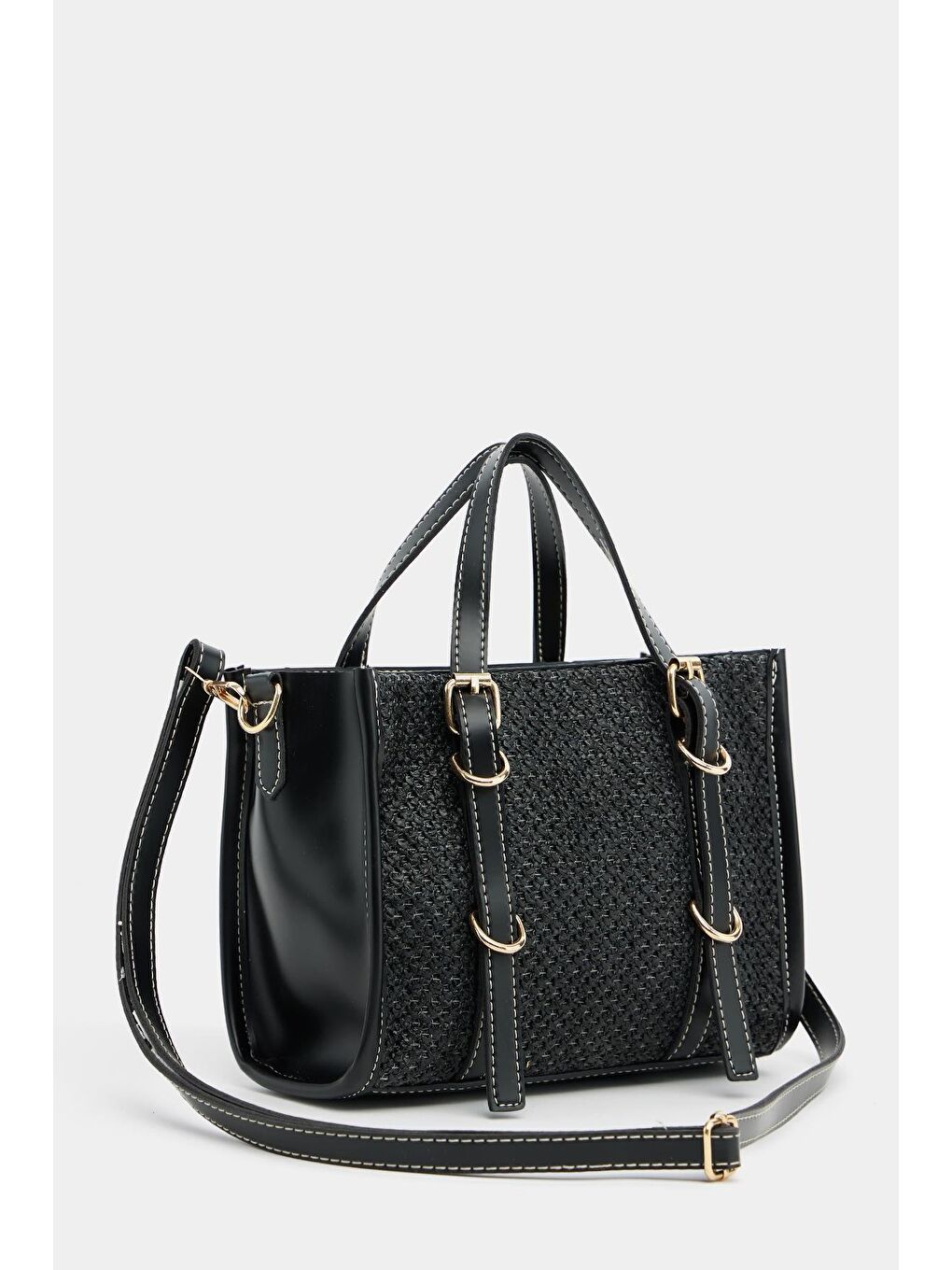 Deri Detaylı Hasır Örgü Kadın Çanta – Bohem Stil Omuz Ve El Çantası Siyah-1