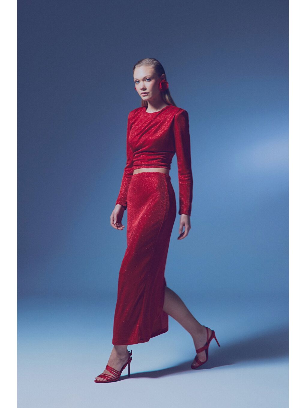 Simli Midi Etek - Kırmızı-3