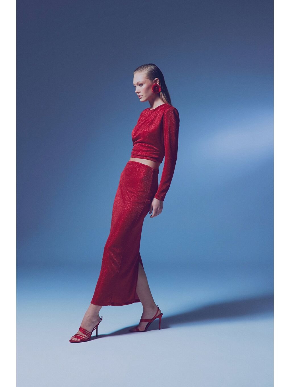 Simli Midi Etek - Kırmızı-4