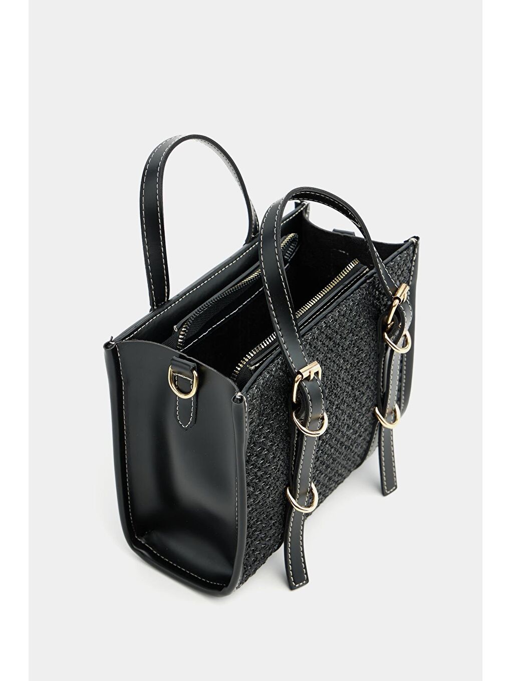 Deri Detaylı Hasır Örgü Kadın Çanta – Bohem Stil Omuz Ve El Çantası Siyah-3