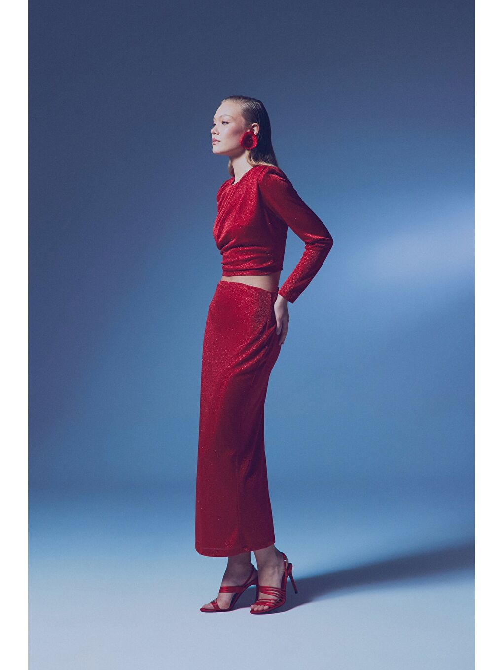 Simli Midi Etek - Kırmızı-5