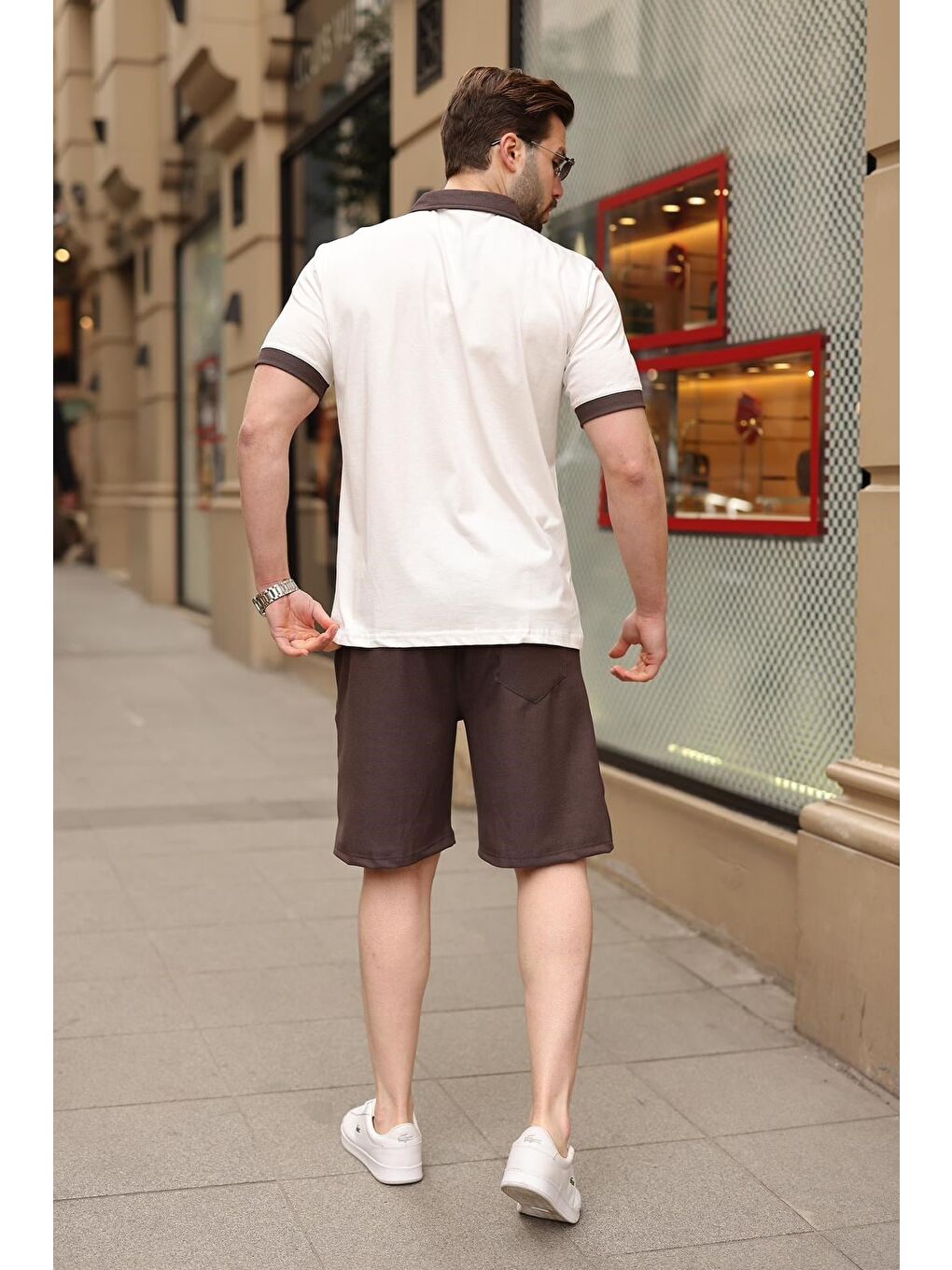 Ekru %100 Pamuklu Polo Yaka Şort Tişört Takım E7358-2