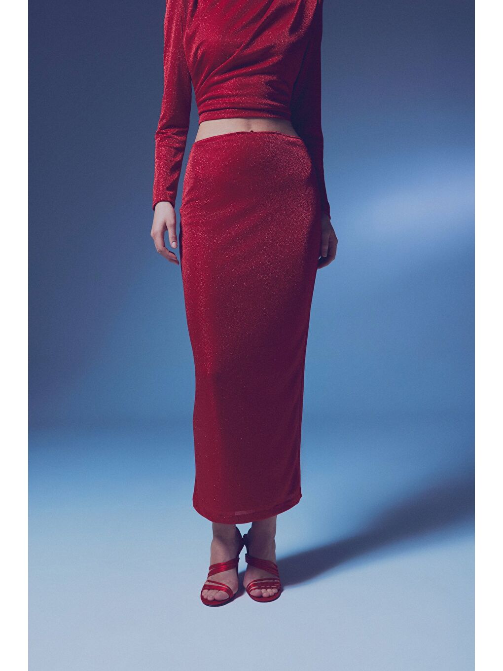 Simli Midi Etek - Kırmızı-6