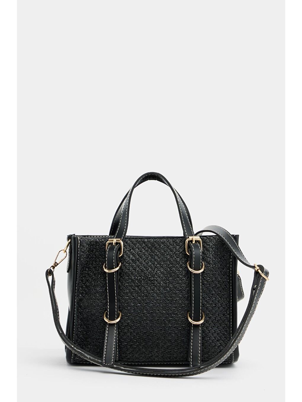 Deri Detaylı Hasır Örgü Kadın Çanta – Bohem Stil Omuz Ve El Çantası Siyah-4