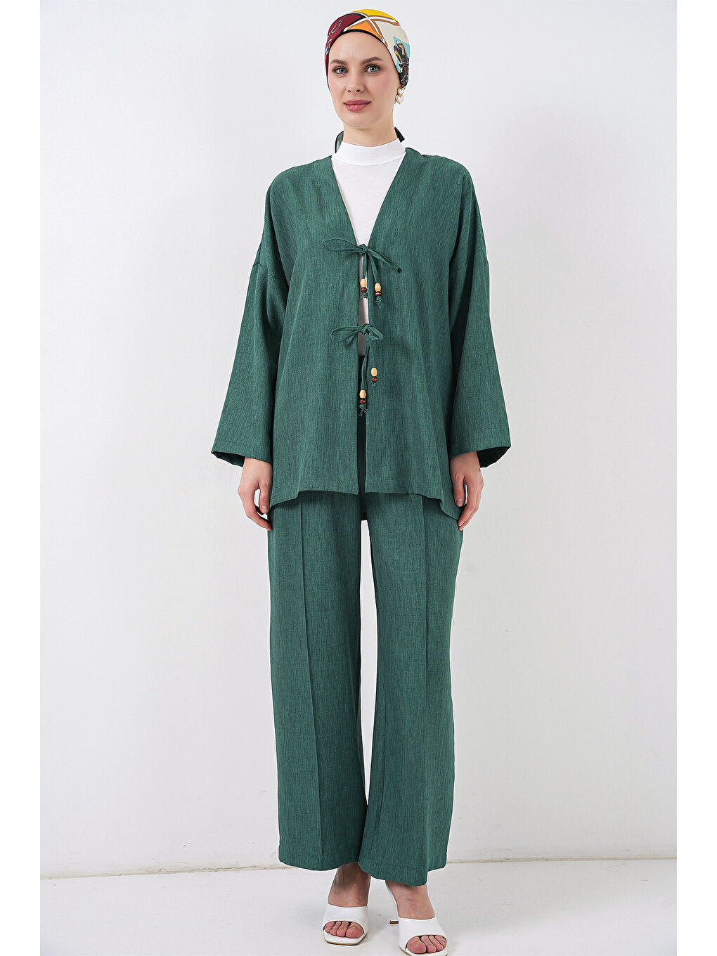 Kadın Keten Kimono İkili Takım 6727 - Zümrüt Yeşili-2