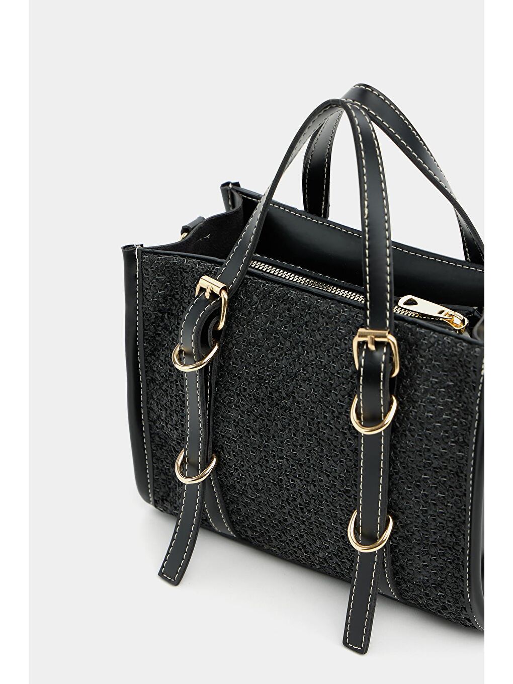 Deri Detaylı Hasır Örgü Kadın Çanta – Bohem Stil Omuz Ve El Çantası Siyah-5