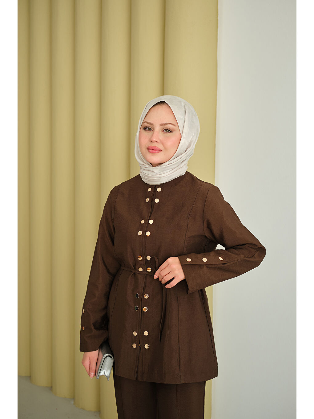 Kadın Gold Çıt Çıt Detay Takım Kahverengi-1