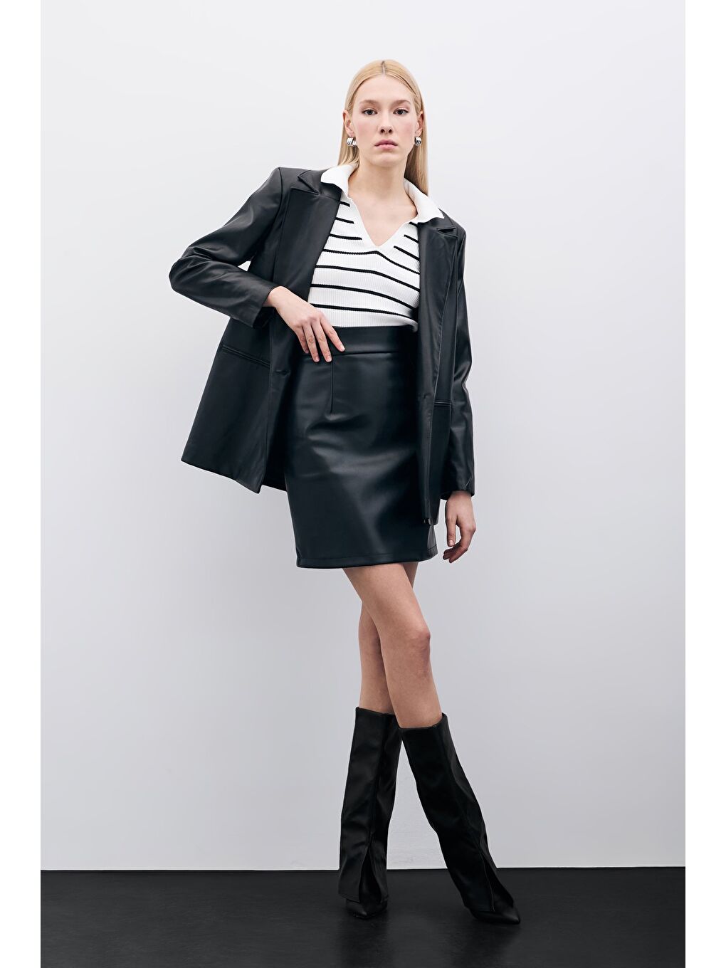 Şardonlu Deri Etek - Siyah