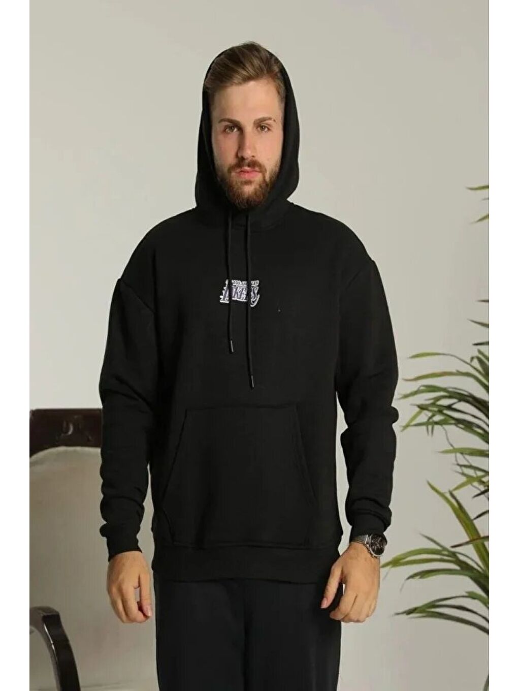 Erkek Baskılı Oversize Üç İplik Kapüşonlu Sweatshirt - Siyah-1