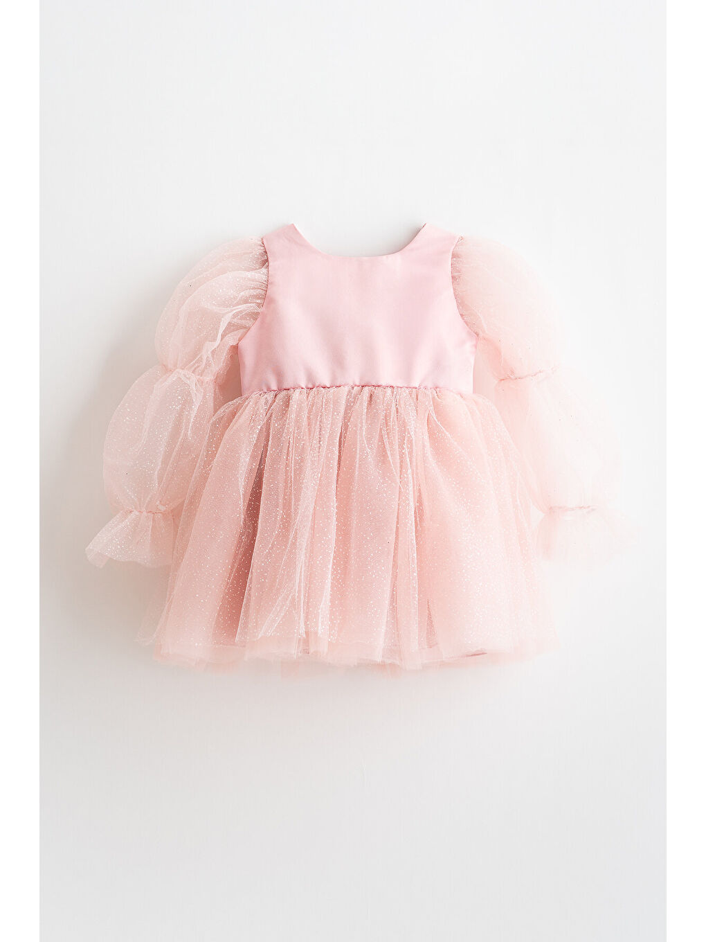 Pembe Pearlie Büzgü Kollu Simli Tül Kız Çocuk Elbise