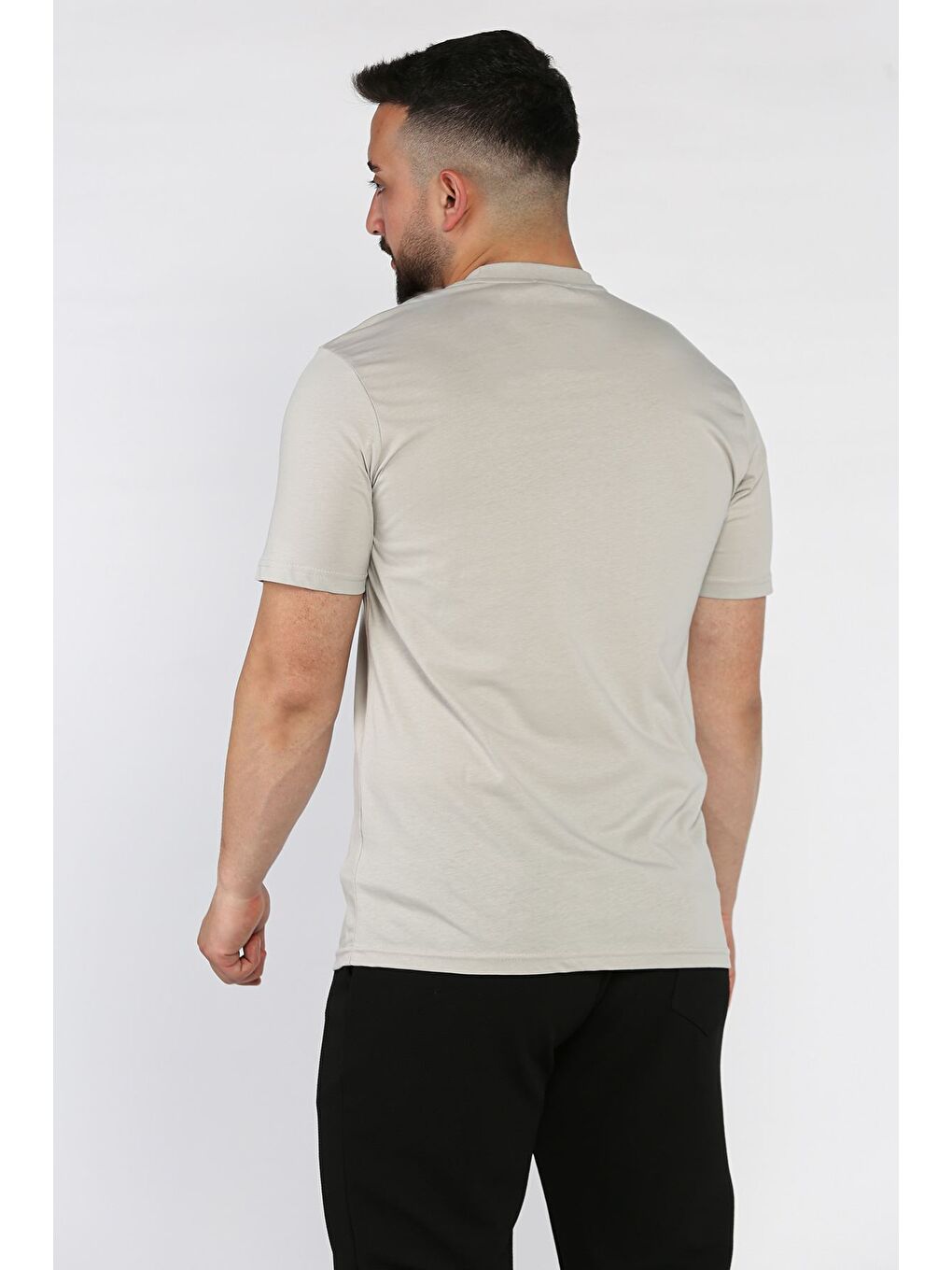 Bej Erkek Bisiklet Yaka Baskılı Tişört-2