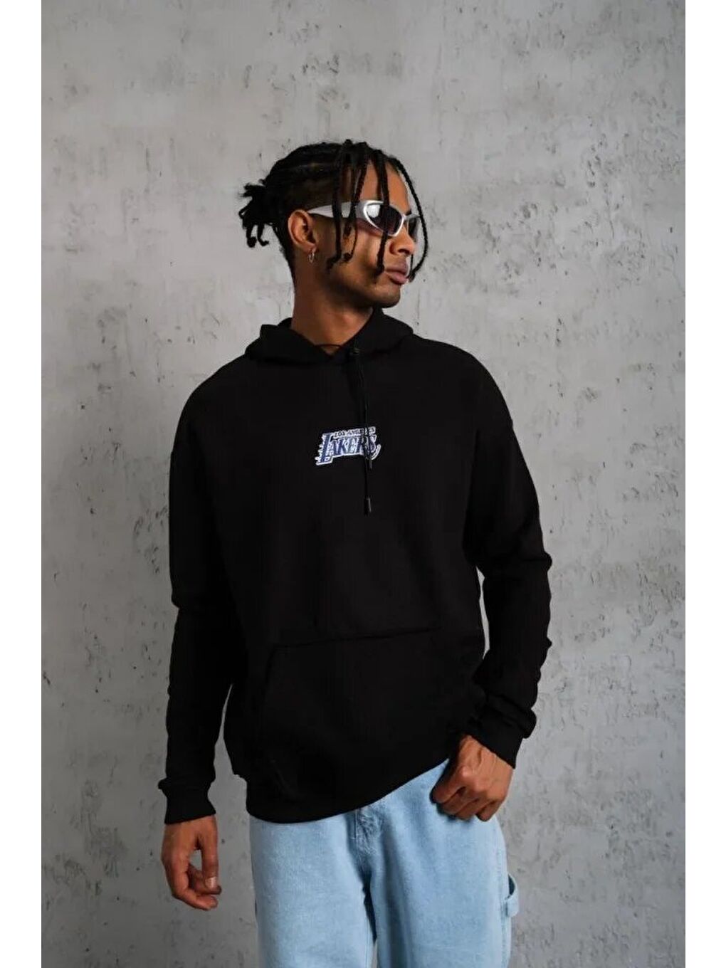 Erkek Baskılı Oversize Üç İplik Kapüşonlu Sweatshirt - Siyah-2