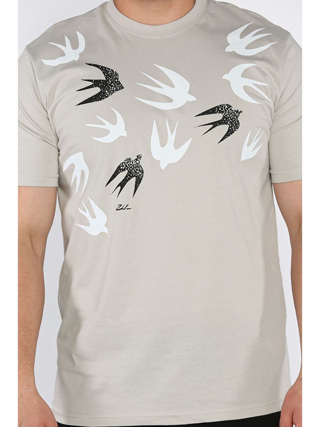 Bej Erkek Bisiklet Yaka Baskılı Tişört-3